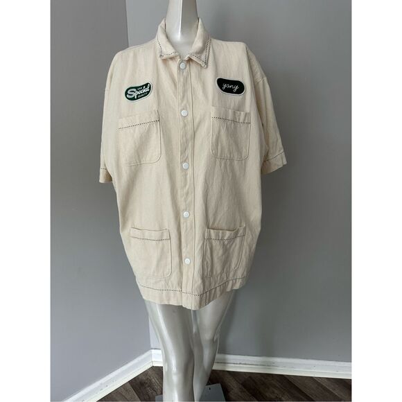 NWT Yony Short Sleeve Button-Up Canvas Workman Shirt Cream Size XL $250 - Picture 2 of 9